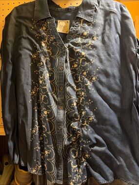 Style & Co. Navy Button-Front Shirt with Gold Floral Embroidery
